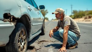 A man examining a damaged car rim on a desert road, illustrating Causes of Rim Damage in Phoenix