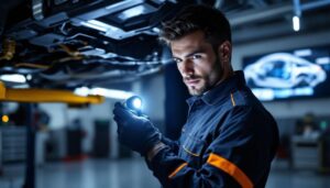 A mechanic inspecting the underside of a vehicle, showing Signs of Unibody Frame Damage