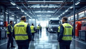 A team overseeing a fleet of trucks in a large garage, symbolizing Dedicated Commercial Fleet Maintenance Solutions