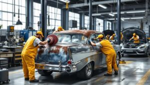 Workers polishing a vintage car, highlighting the Benefits of Auto Body Restoration