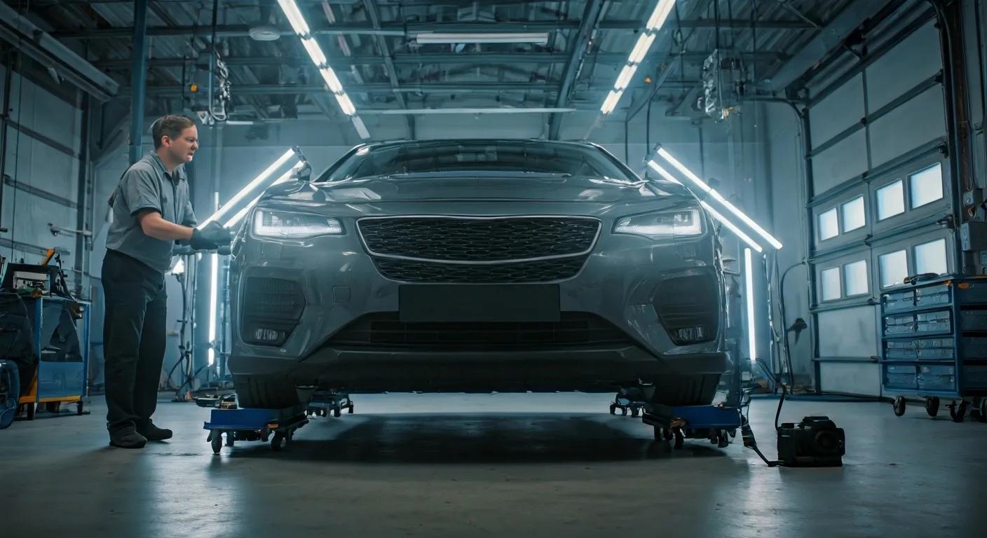 a sleek auto glass shop in portland buzzes with activity as technicians expertly calibrate advanced driver-assistance systems (adas) on a vehicle, illuminated by bright overhead lights highlighting the intricate technology at work.