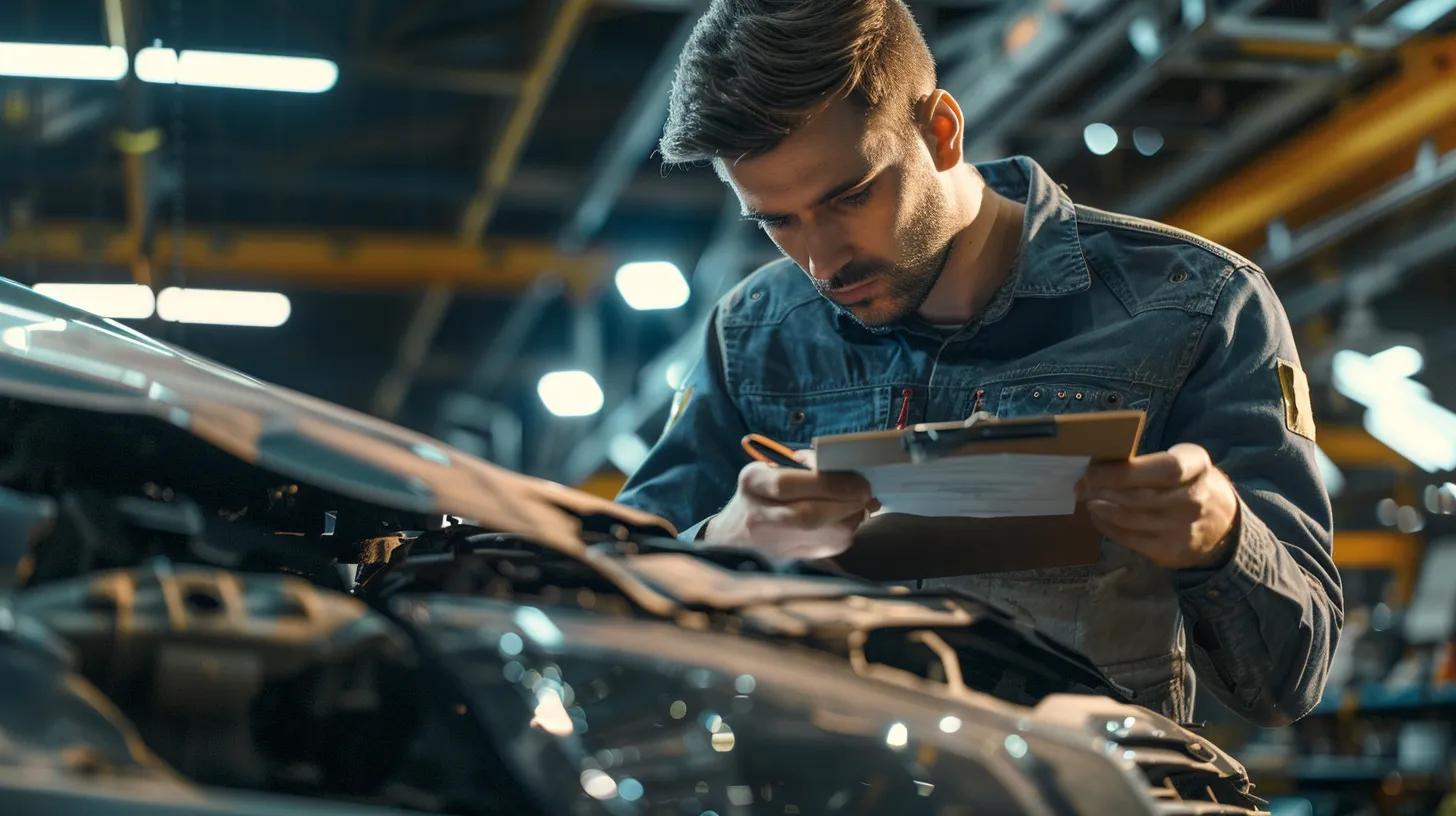 a focused automotive technician examines a damaged vehicle in a modern repair shop, surrounded by detailed tools and diagnostic equipment, while carefully recording precise measurements and assessments on a clipboard.