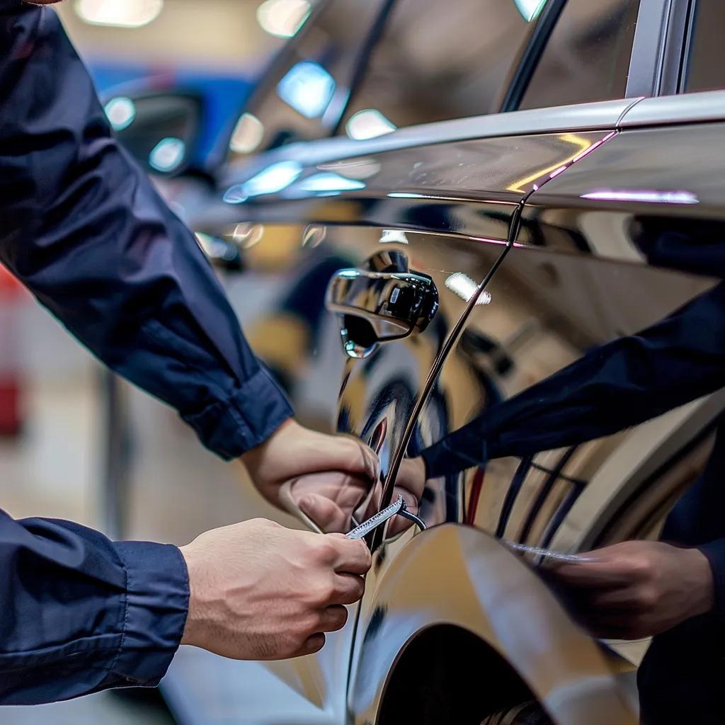 Person inspecting a car's paint and panel alignment after repair, emphasizing quality verification