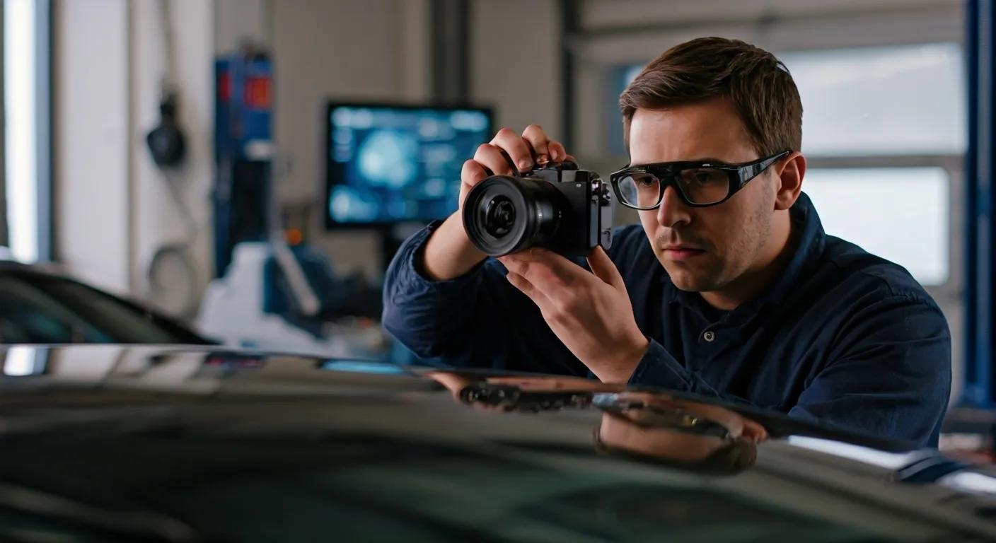 an auto glass technician skillfully calibrates advanced driver-assistance systems inside a modern portland repair shop, surrounded by high-tech equipment and clear, reflective auto glass.