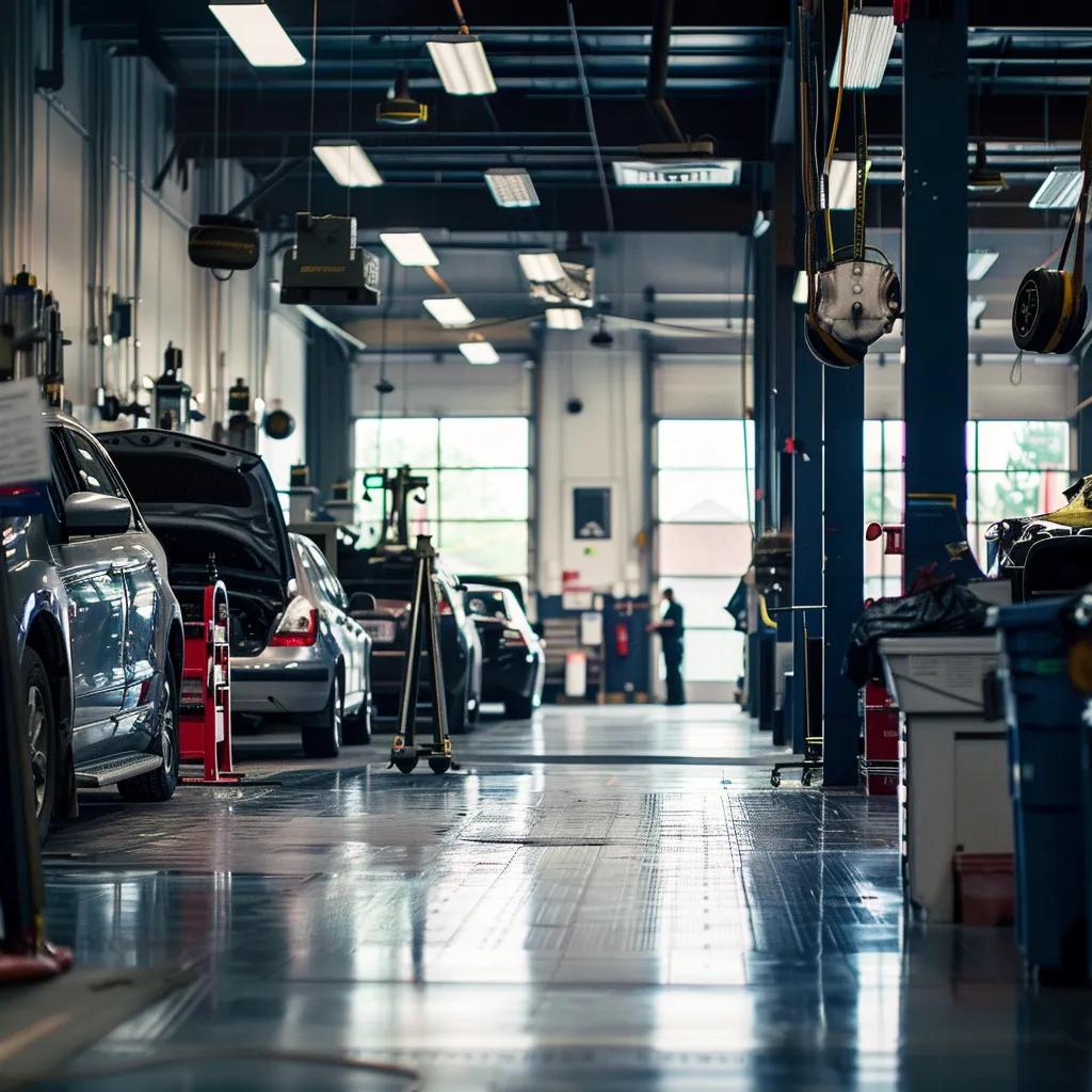Professional auto body shop with technicians working on vehicles