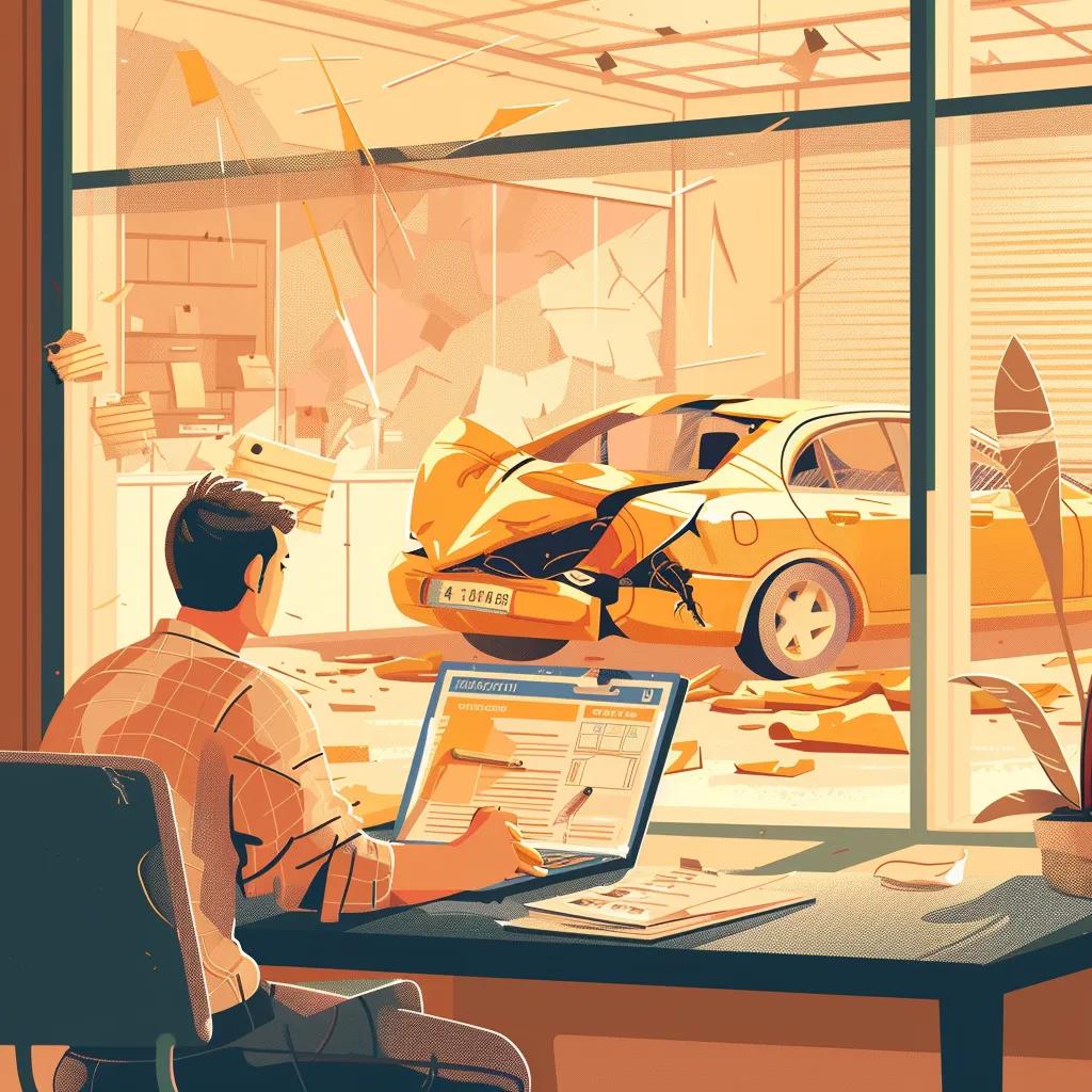 Person filing an insurance claim for auto repairs with a damaged car in the background