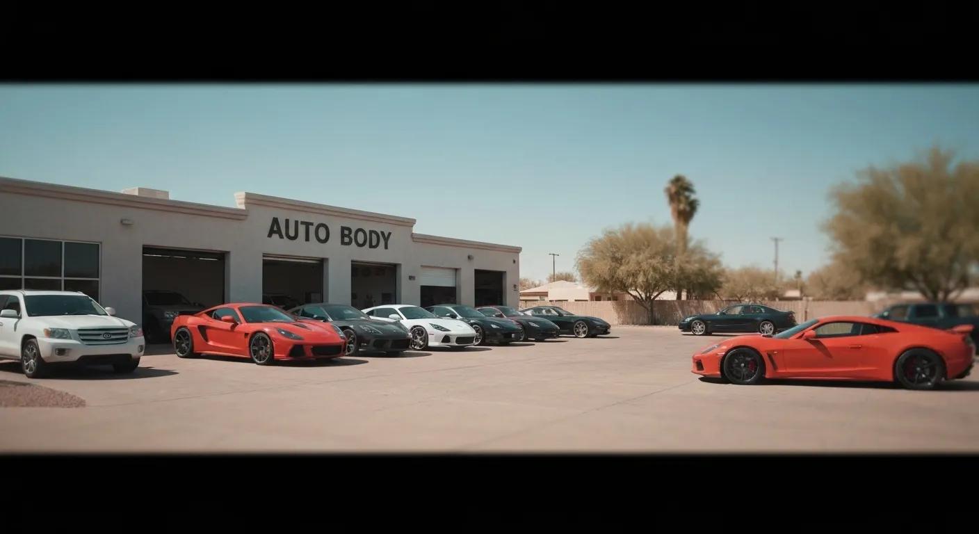Exterior of a well maintained, phoenix arizona auto body shop, with sports cars, luxury cards and SUV's parked in front