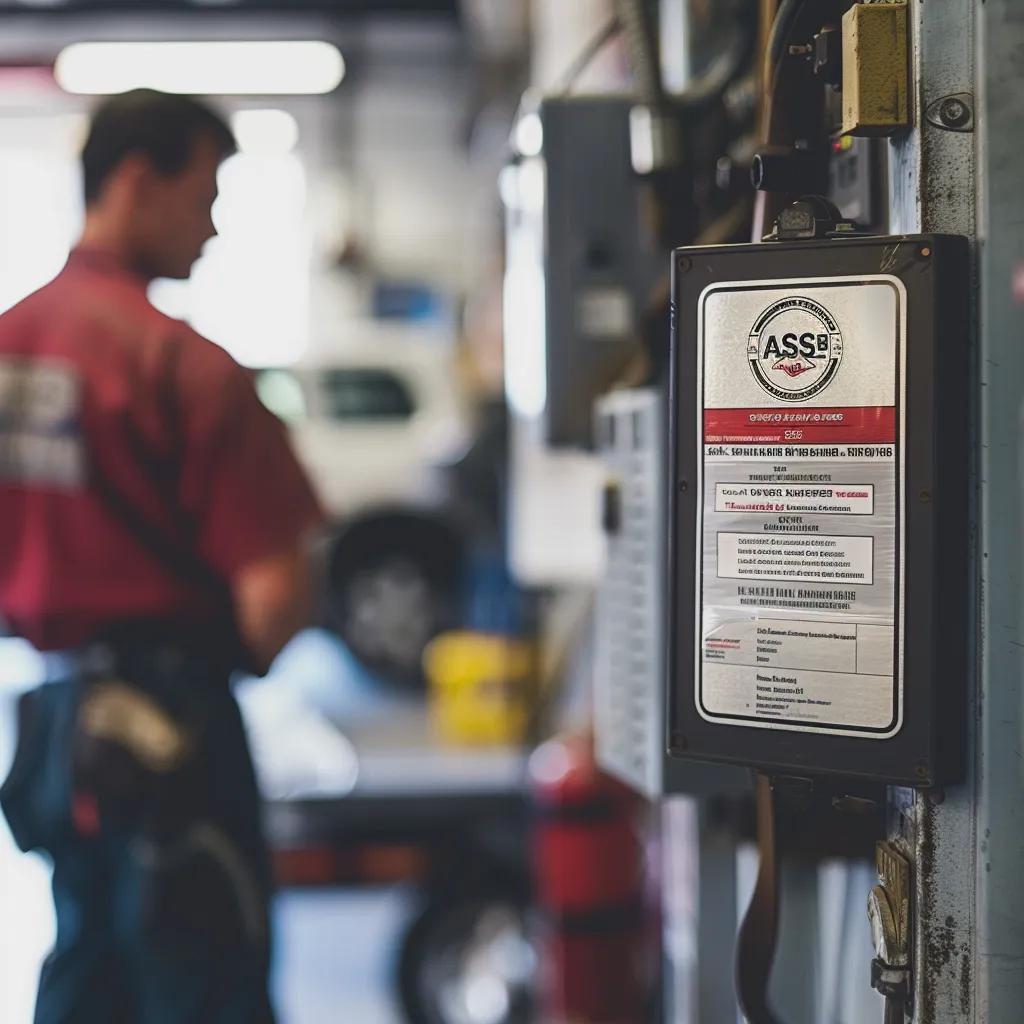 ASE certification plaque in an auto repair shop with a technician working on a vehicle, highlighting the importance of training