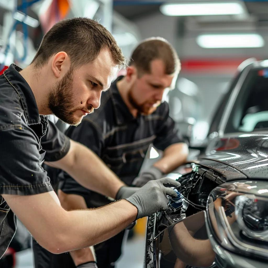 Professional auto body repair shop in Phoenix with certified technicians at work