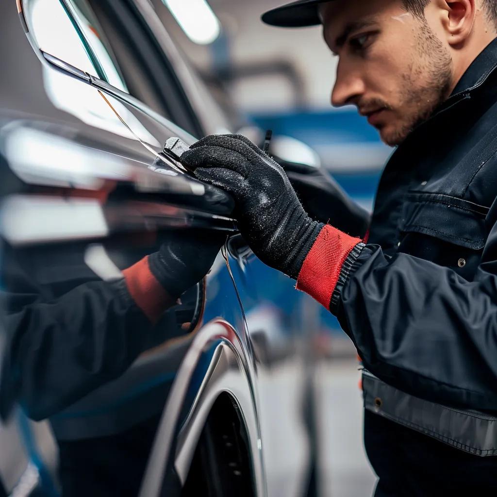 Technician performing paintless dent repair on a vehicle