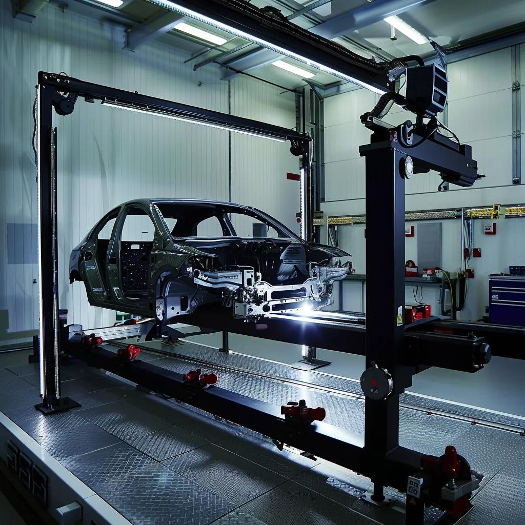 Vehicle undergoing frame straightening on a hydraulic machine with laser measurement technology